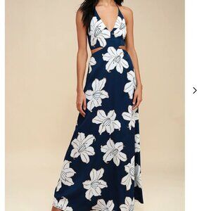 Lulus Bianca Navy Blue Floral Print Backless Halter Maxi Dress - Size Medium